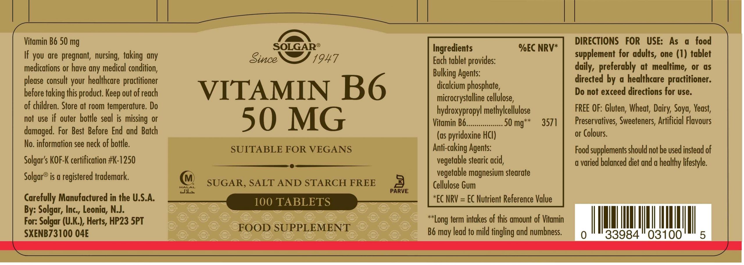 Solgar Vitamin B6 50mg 100Tabs - Pharmakopolis